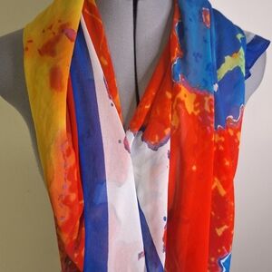 NWT Chico's Bold  Watercolor Stripe Square Scarf in Blue, Red, Yellow